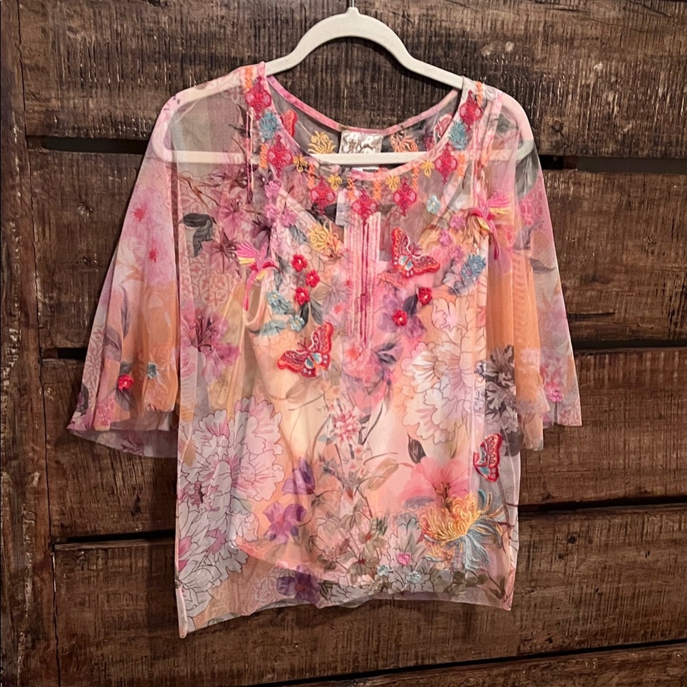 Johnny Was Multicolor Embroidered Mesh Blouse with matching Cami. NWT S